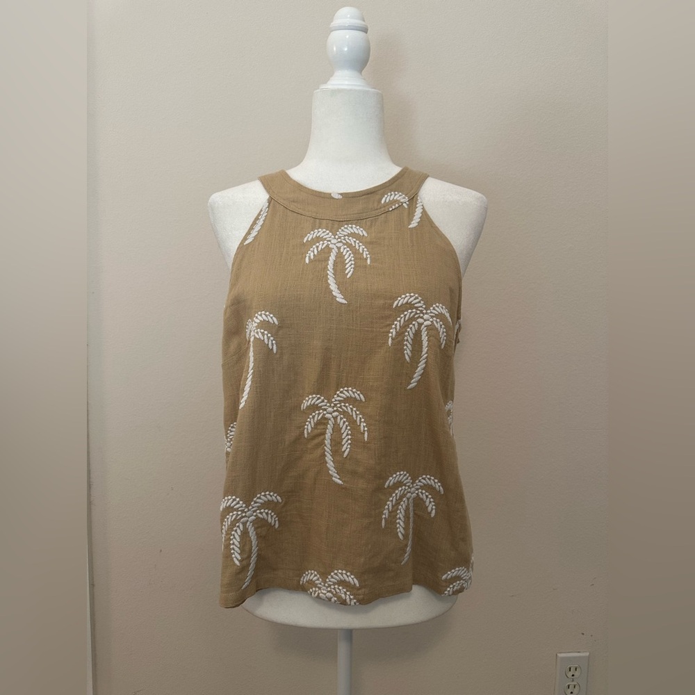 Ann Taylor Khaki Tan Palm Tree Embroidered Halter Tank